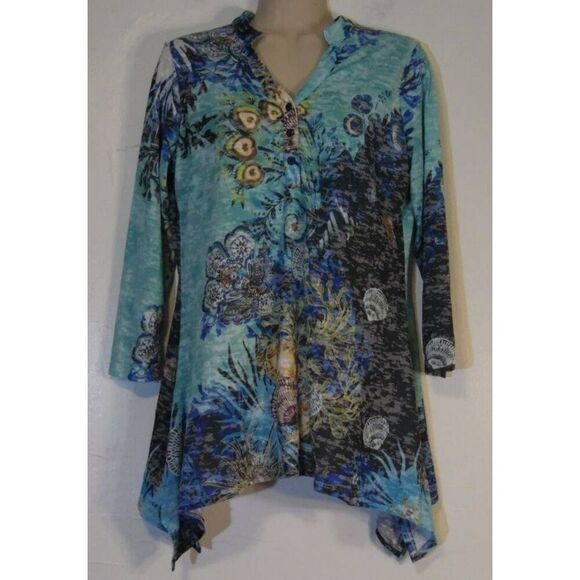 Boho Chic Shirt Ladies Small Blue 3/4 Sleeve V-NECK‎ Seashell - Picture 3 of 9